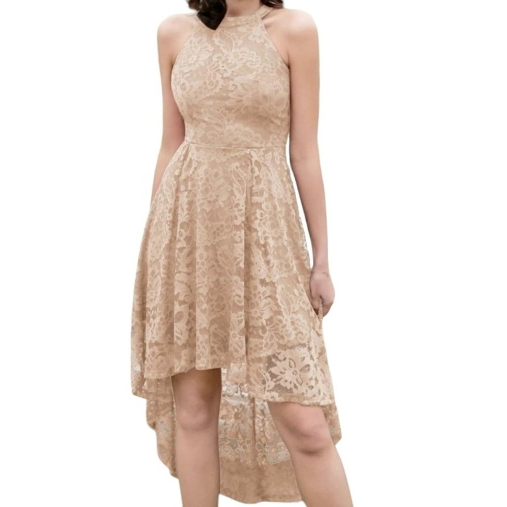 Dressystar Halter Floral Lace Cocktail Bridesmaid Dress High-Low Small Beige - Picture 4 of 12